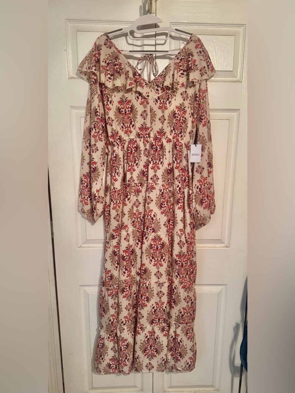 MASALA NWT szXL Bohemian Ruffle Tiered Maxi Dress – Cream with Red Floral Print